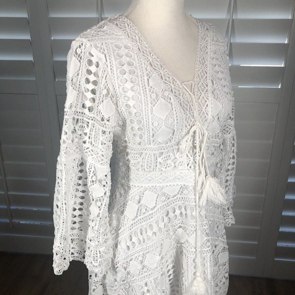 White Lace High Low Dress Small 3/4 Bell Sleeve Victorian Modern Summer Yoins
